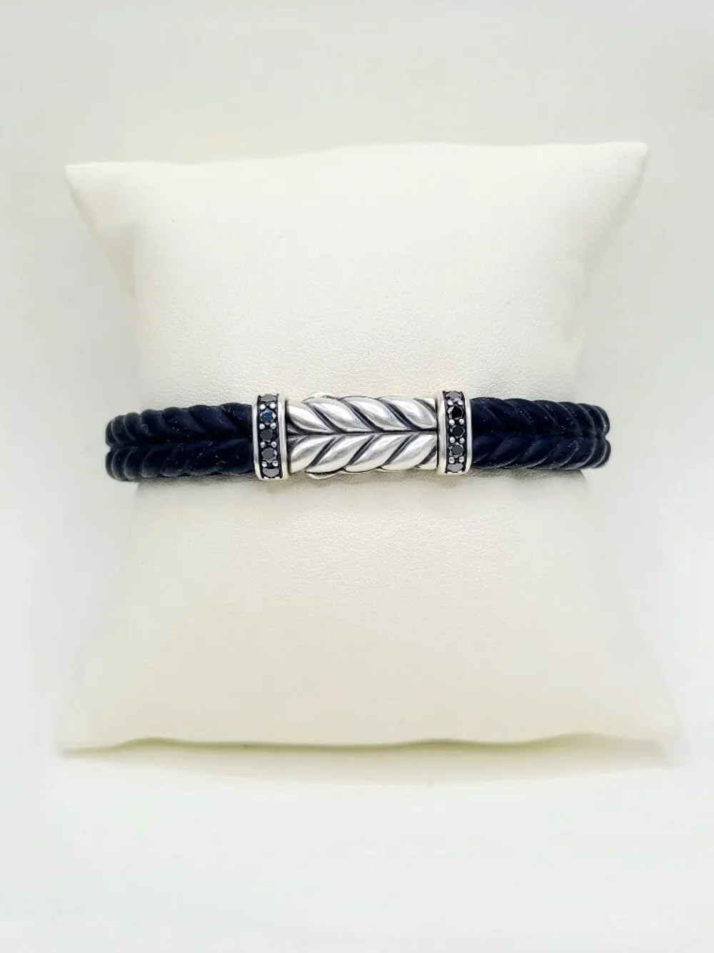 David Yurman Chevron Bracelet in Black Rubber w/ Pavé Black Diamonds, 9mm Sz Sm